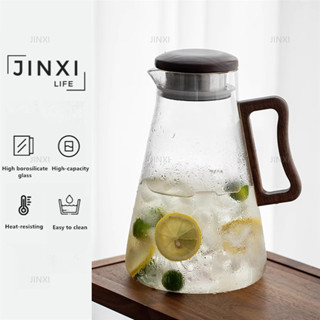 ความจุขนาดใหญ่ 2ล เหยือกน้ําแก้วทนความร้อนหม้อด้ามไม้น้ําผลไ…