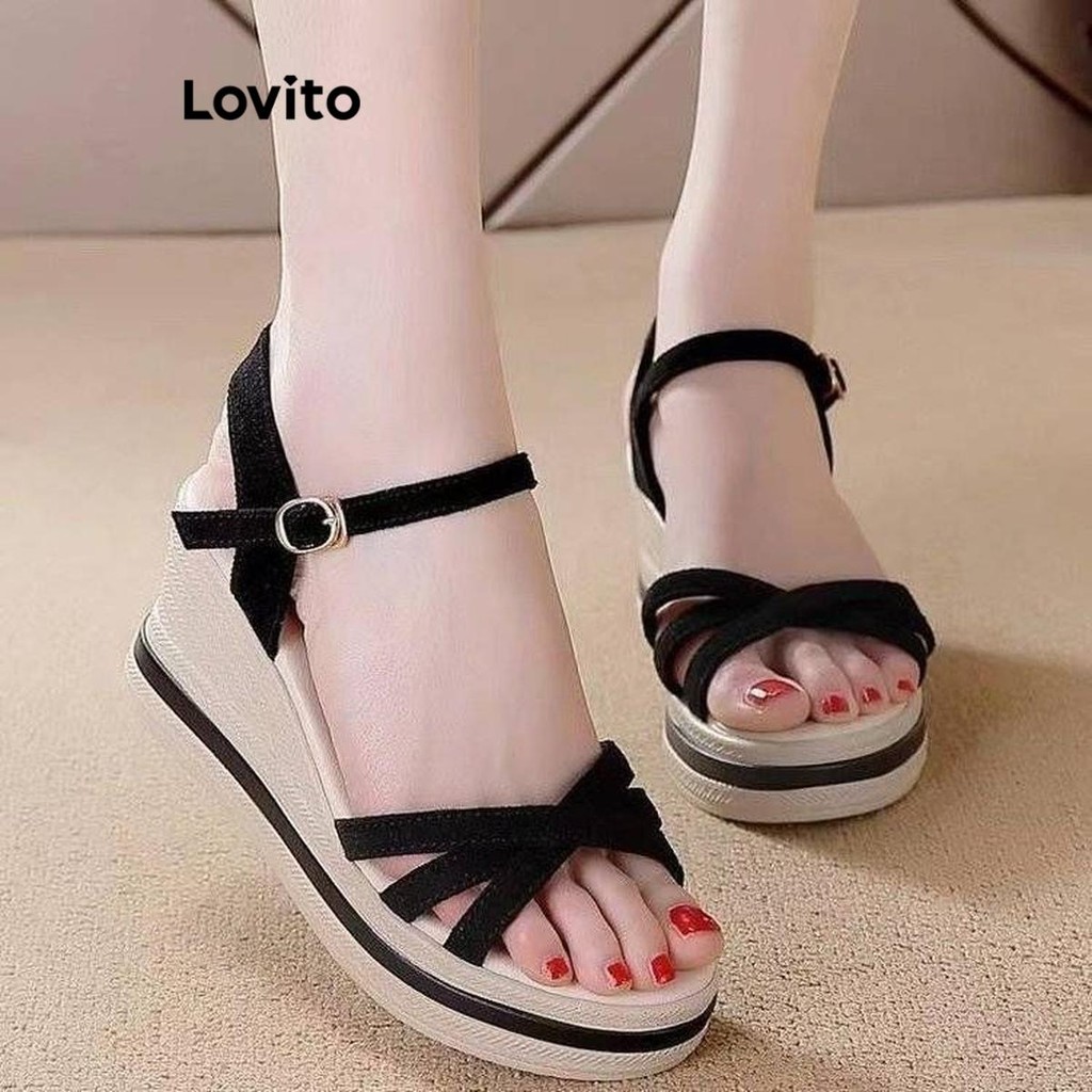 Lovito สง่างามสีพื้นไขว้อเนกประสงค์พื้นหนาเพิ่มความสูง Wedges สําหรับผู้หญิง  LFA65254