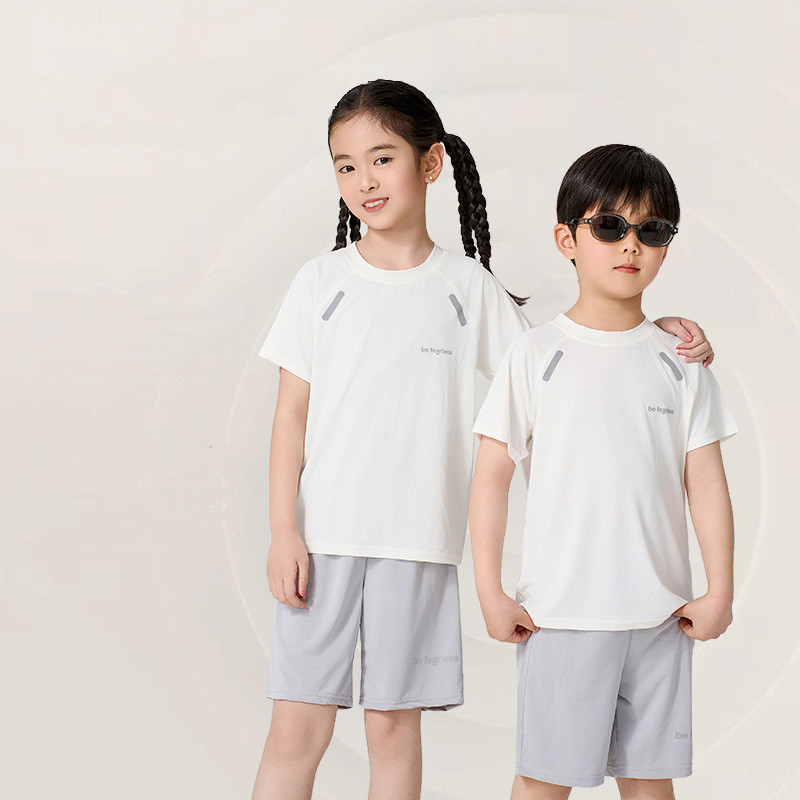 【YAOEENH】100-170เซนติเมตรฤดูร้อนชายหญิงหลวมสบายๆสูทขนาดกลางขนาดใหญ่เด็กตาข่ายระบายอากาศแขนสั้นกางเกงขาสั้นกีฬาชุดสองชิ้นพร้อมสต็อกจัดส่งที่รวดเ - รูปที่ 3