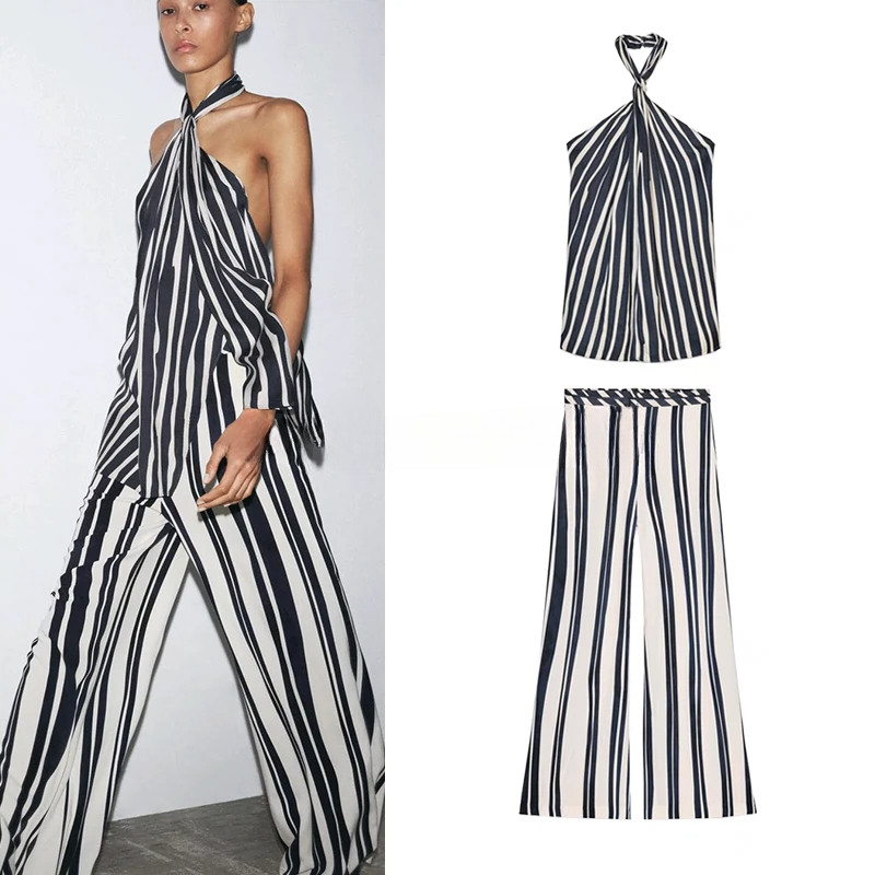 Za ฤดูใบไม้ผลิฤดูร้อนสไตล์ใหม่ผู้หญิง Halter Contrast สี Striped Halterneck Collar Top2906096 กางเกง2913097 ชุดเซต