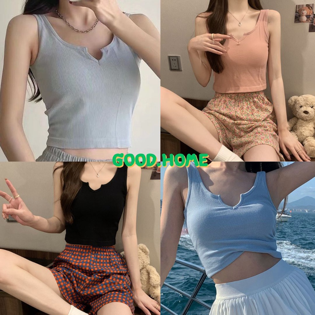 🎀NEW🎀 เสื้อครอปแต่งเว้าคอ แขนกุด มีฟองน้ำ สีพื้น ใส่สบาย #H19