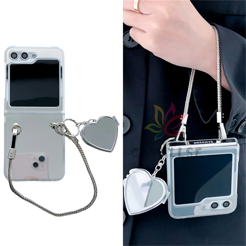Refreshing Slim Loveheart กระจกโซ่โลหะ Electroplated กระจกเคสโทรศัพท์ Samsung Galaxy Z Flip 5 Z Flip 6 Flip 4/3 5G PC + TPU กันกระแทกปกหลัง Flip5 Flip4