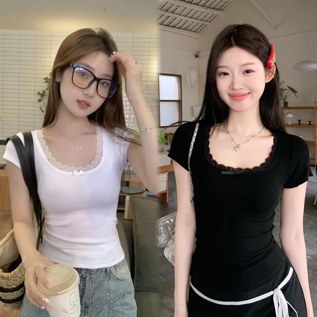 cherryshop พร้อมส่ง ✨เสื้อยืดแขนสั้น เสื้อลูกไม้ คอกลมลายลูกไม้สีขาวสำหรับผู้หญิง Y2Kเสื้อครอปทรงเข้ารู