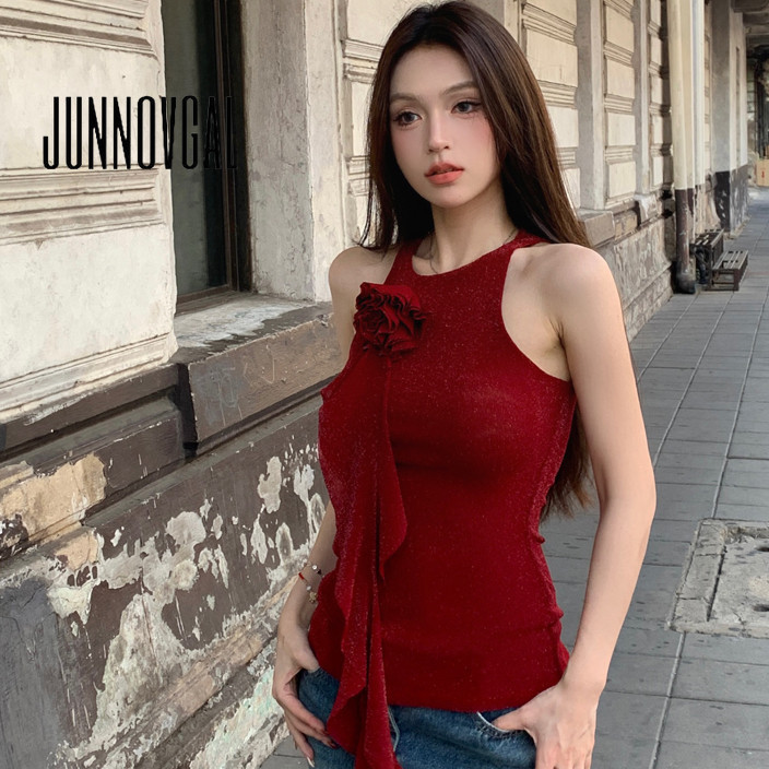 Junnovgal ใหม่ เสื้อสายเดี่ยว คอกลม ผ้าถัก ลายดอกไม้ 3D สีพื้น สไตล์เรโทร สําหรับผู้หญิง 2024