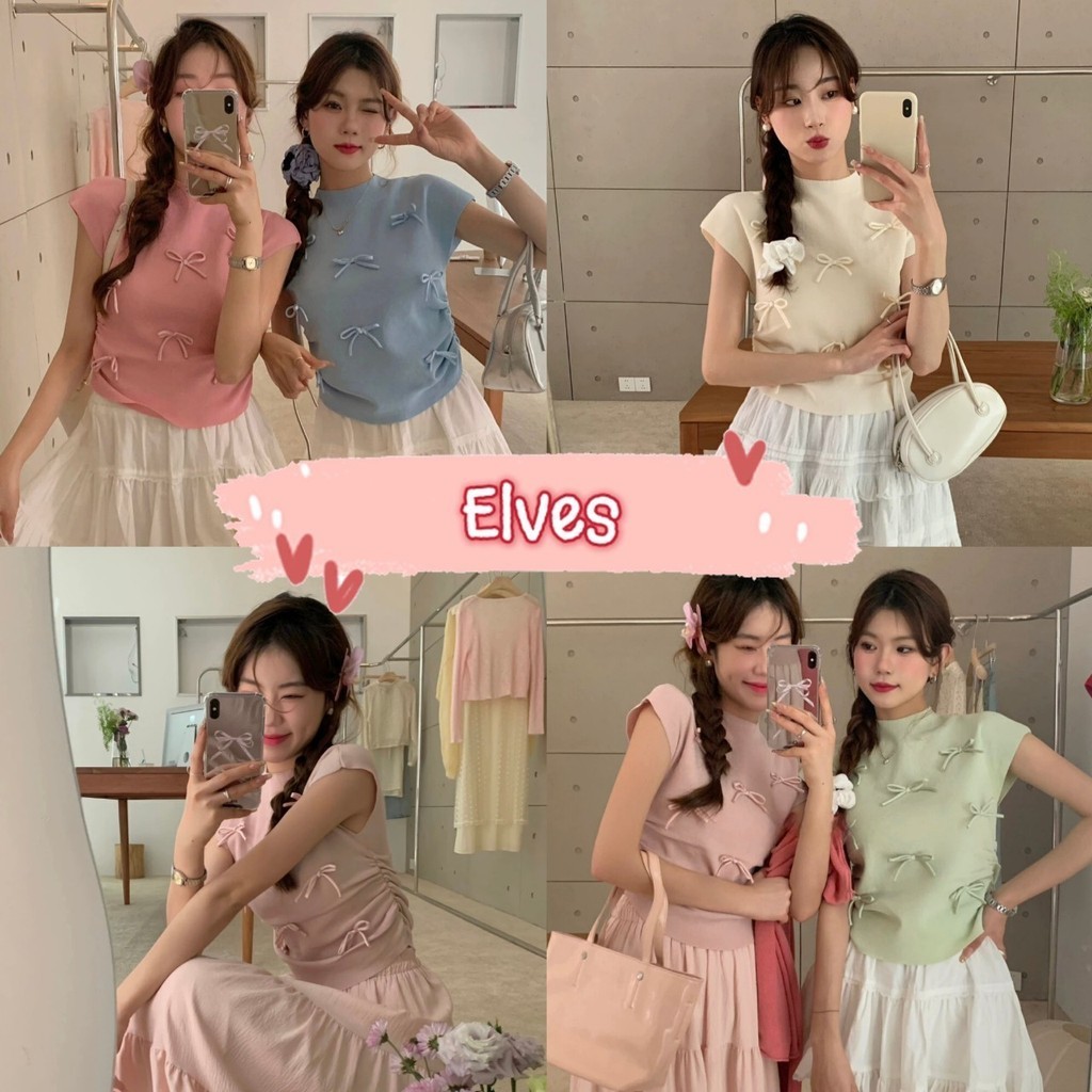Elves พร้อมส่ง เสื้อยืดไหมพรม คอกลม ดีเทลสีพาสเทล ติดโบว์น่ารักมาก ~E321~