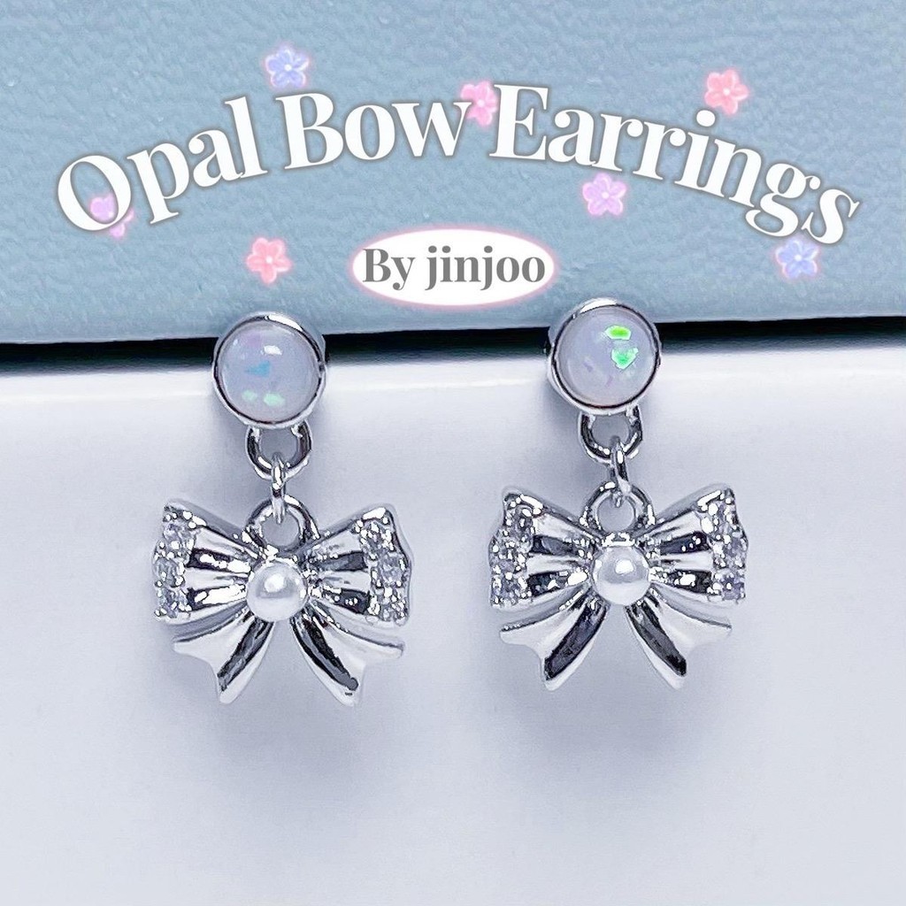 Jinjoo (ราคาต่อคู่) จิวต่างหู Opal Bow Earrings น่ารักมาก ก้านหนา 0.8 mm. สแตนเลส316