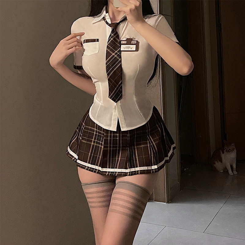 YJ Sexy Schoolgirl Cosplay Lingerie for Women Costumes Students Uniform Roleplay Pleated Mini Skirt 
