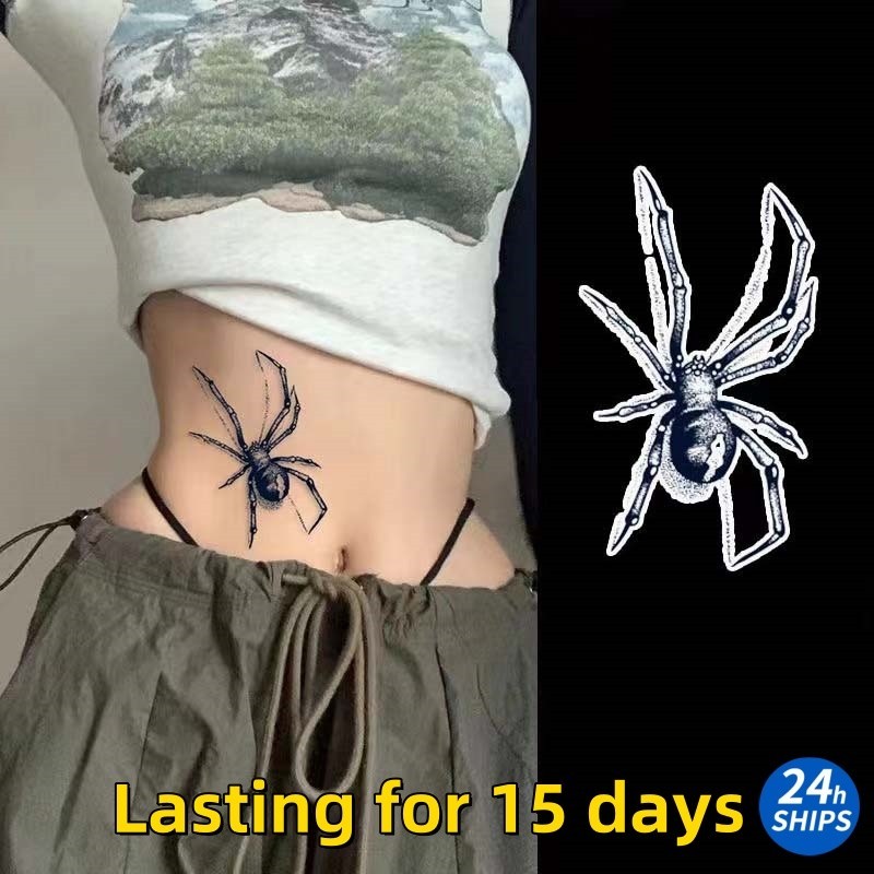 สติกเกอร์รอยสักชั่วคราว เซรามิค ลายแมงมุม สีดํา กันน้ํา ติดทนนาน 15 วัน
