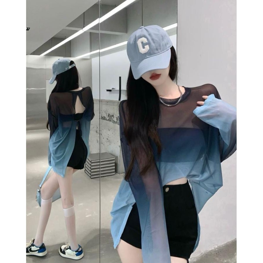KOKO .เสื้อยืดแขนยาว ผ้าเรยอน แบบบาง กันแดด แต่งไล่โทนสี แฟชั่นฤดูร้อน สําหรับเด็กผู้หญิง ด้านหลังเซ็กซี่และเก๋มาก