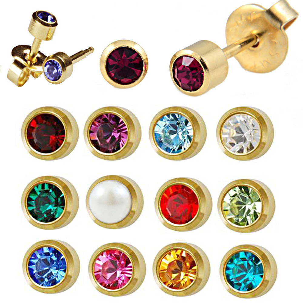 Unisex Gold Stud ต ่ างหู Simple Rhinestone Hypoallergenic Birthstone ต ่ างหูสตั ๊ ดสําหรับผู ้ หญิง