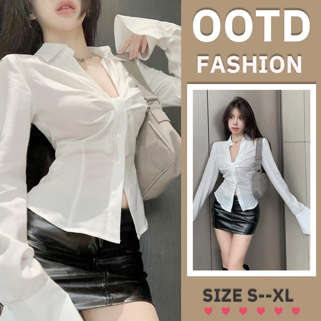 MIMI&DIDI.เสื้อเชิ้ตแขนยาวครอป เสื้อแฟชั่นผู้หญิง เกาหลีทรงสลิมฟิตสีขาว  เว้าเอว งานรัดรูป เซ็กซี่ สีธรรมดาW347