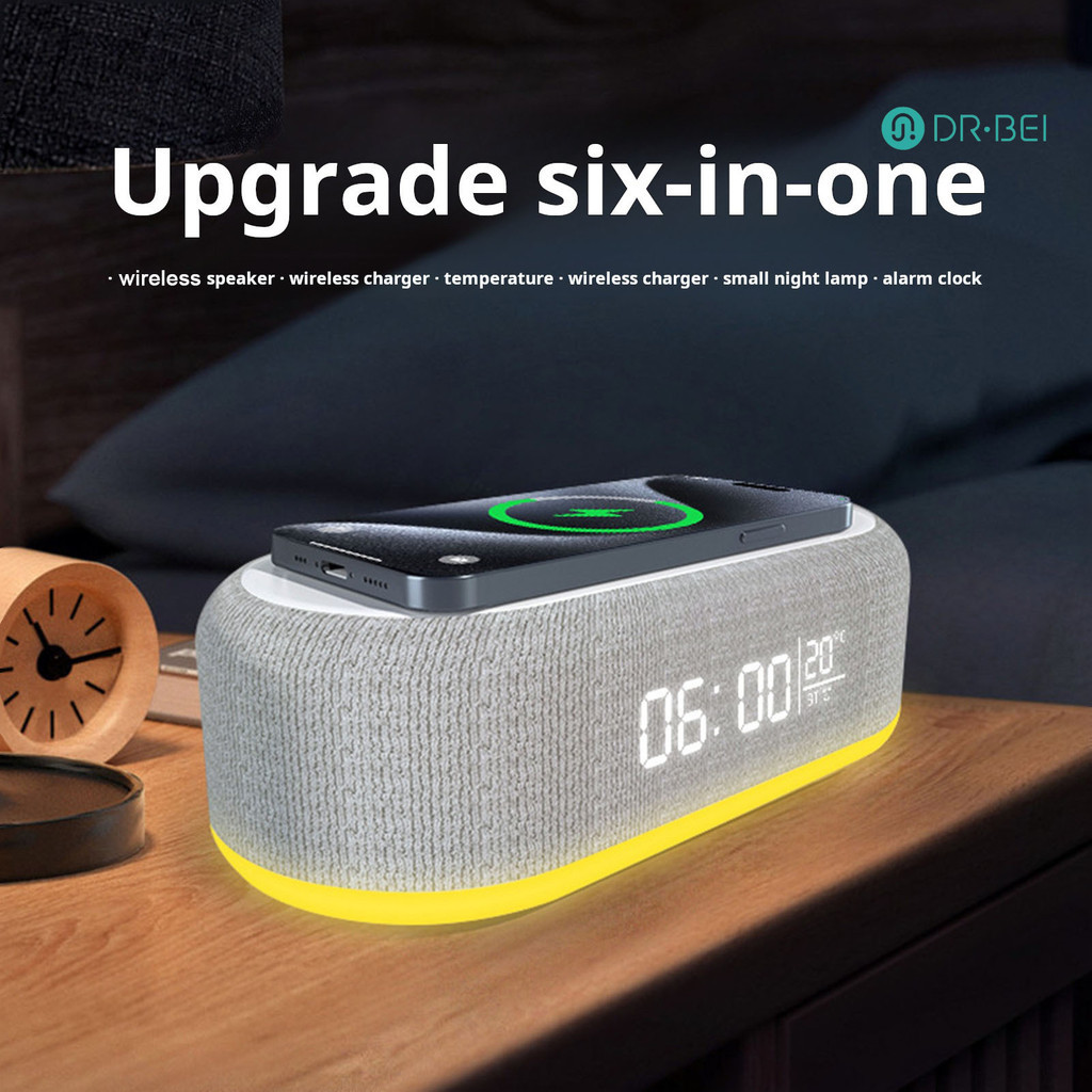 Dr.bei RGB นาฬิกาปลุกดิจิตอล Night Light อุณหภูมิจอแสดงผลลําโพงบลูทูธ 15W Fast Charging Wireless Charger Home Office Desktop นาฬิกาของขวัญวันเกิด