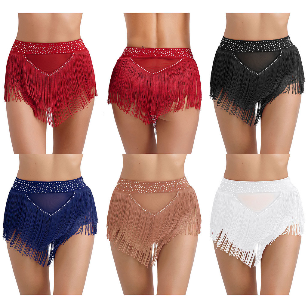 Yeahdor ผู้หญิง Rhinestone พู่กระโปรงกางเกงขาสั้น Rave เทศกาล Bottoms