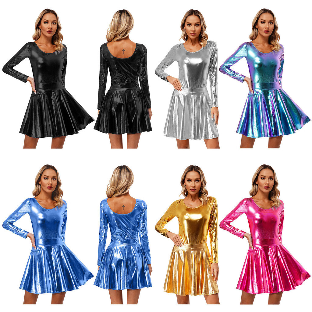 Yeahdor Women Shiny Metallic Skater Dress Disco Dance 80s Holographic Dress