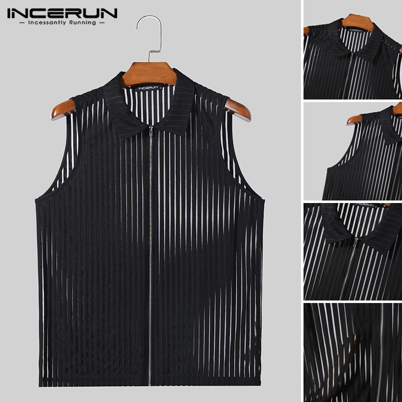 Incerun Men Vintage Daily Casual Vertical Striped Zip Tanks