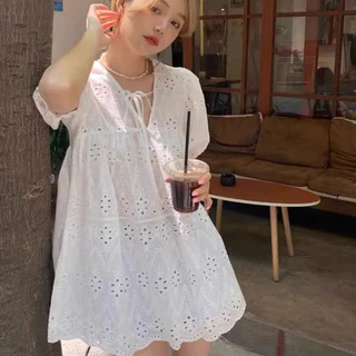 เสื้อลูกไม้แขนสั้น แขนตุ๊กตา สีขาวสไตล์ไทยๆ