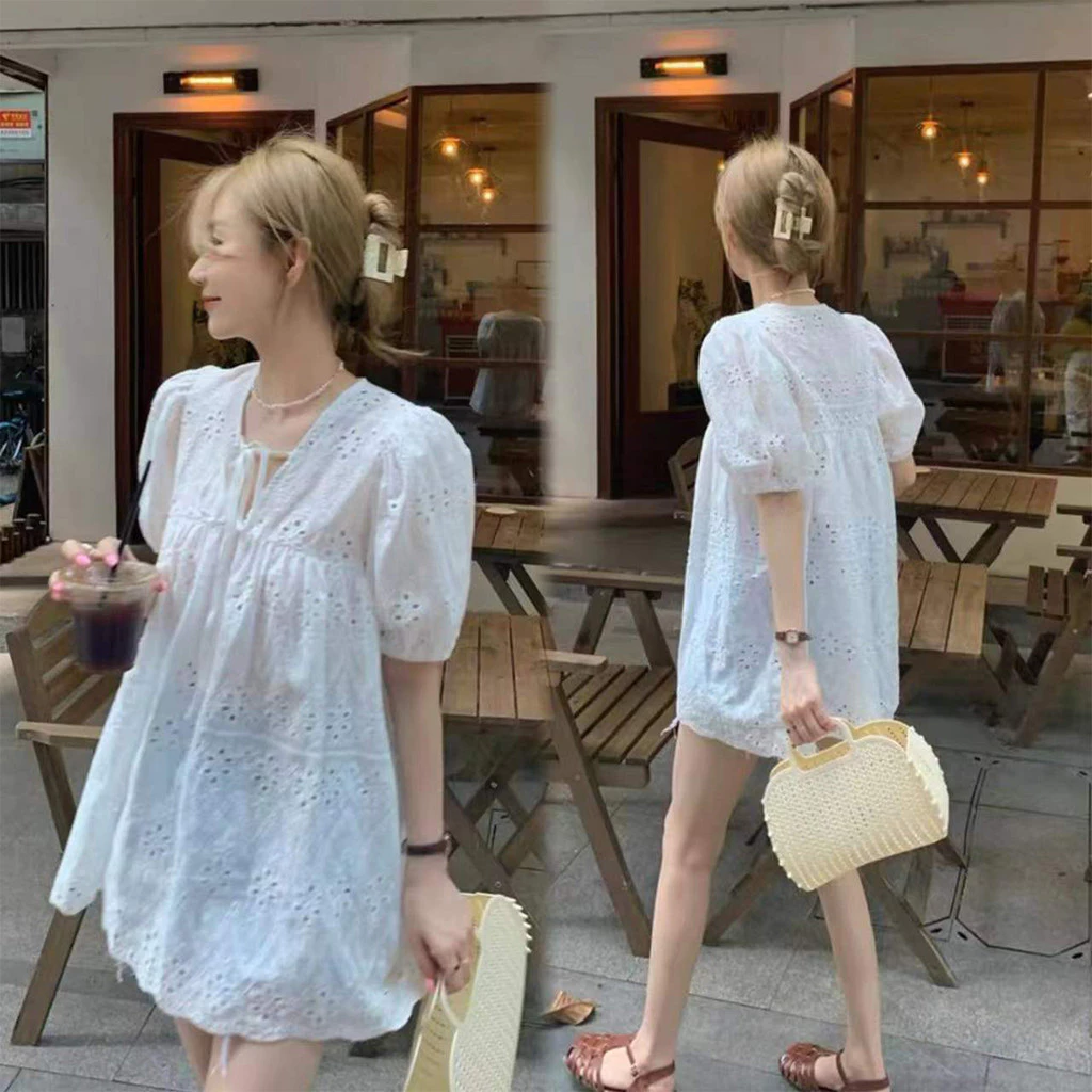 เสื้อลูกไม้ แขนสั้นสีขาว ผ้าไหม สบายๆ