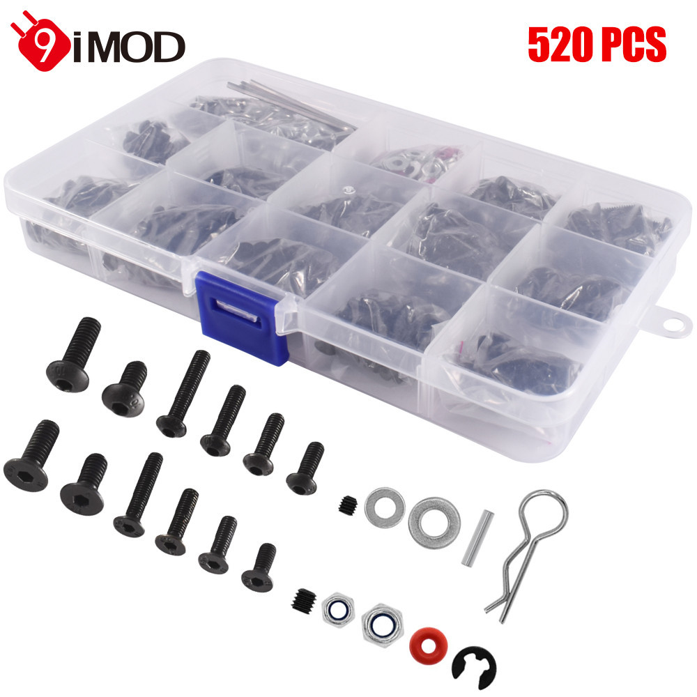 9imod RC สกรูชุดกล่อง 2 ขนาด M3/M4 520 ชิ้นสําหรับ 1/8 1/10 HSP Traxxas TRX-4 TRX-6 Tamiya CFX MST HPI Kyosho D90 Scx10 D110 AXIAL D110