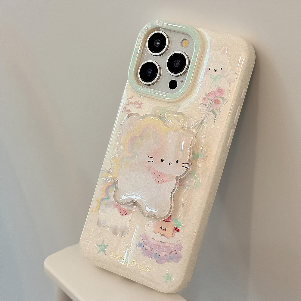 ฤดูร้อนแมวน่ารัก Stand Holder เคสโทรศัพท์สําหรับ IPhone 11 15 14 13 12 Pro Max X XR 8 7 Plus กันกระแทก Soft TPU ฝาหลัง