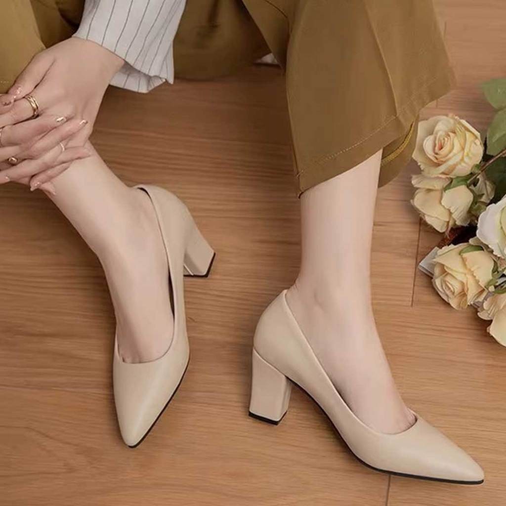 องเท้าส้นสูงปลายแหลม หุ้มส้น สีเบสิค ดีไซน์เรียบๆ ราคาถูก พร้อมส่ง - รูปที่ 5