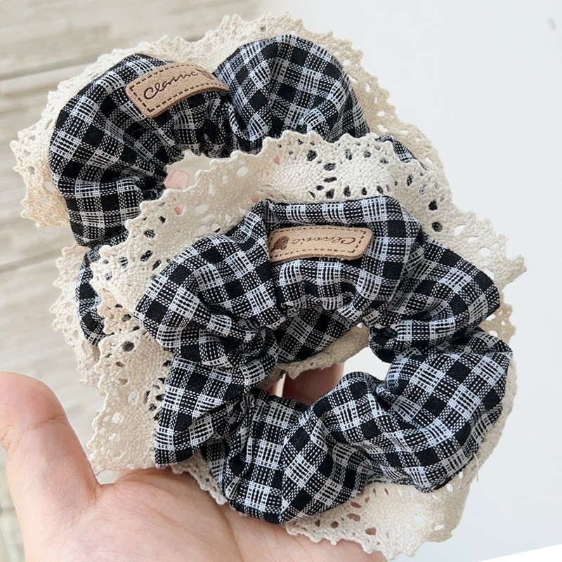 Simple ลายสก๊อตดอกไม้ยืดหยุ่นผมขนาดใหญ่ - Elegant Lace Bow Scrunchies - สาวผมหางม้ายางรัดผ้าโพกศีรษะ