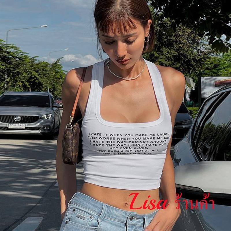ผู้หญิง Crop Tops เสื้อแขนกุดปิดไหล่พิมพ์ Casual Party Street ฤดูใบไม้ผลิฤดูร้อนเสื้อสีขาว