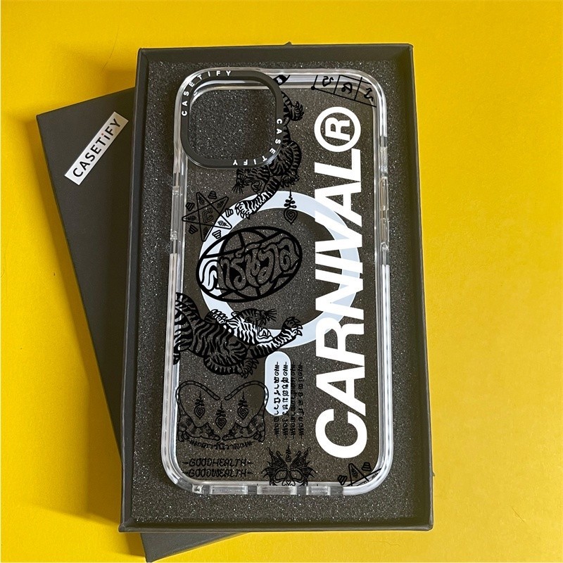 Casetify X CARNIVAL โลโก้กรณีแม่เหล็กดูด Black & White Edge Clear Sideband Fon Casing Apple IPhone 1