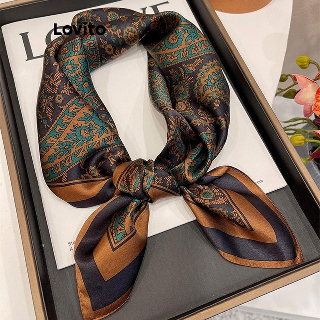 Lovito ผ้าพันคอผู้หญิง แนวเรโทร ลายดอกไม้ ทรอปิคอล สไตล์ลำลอง LFA12321