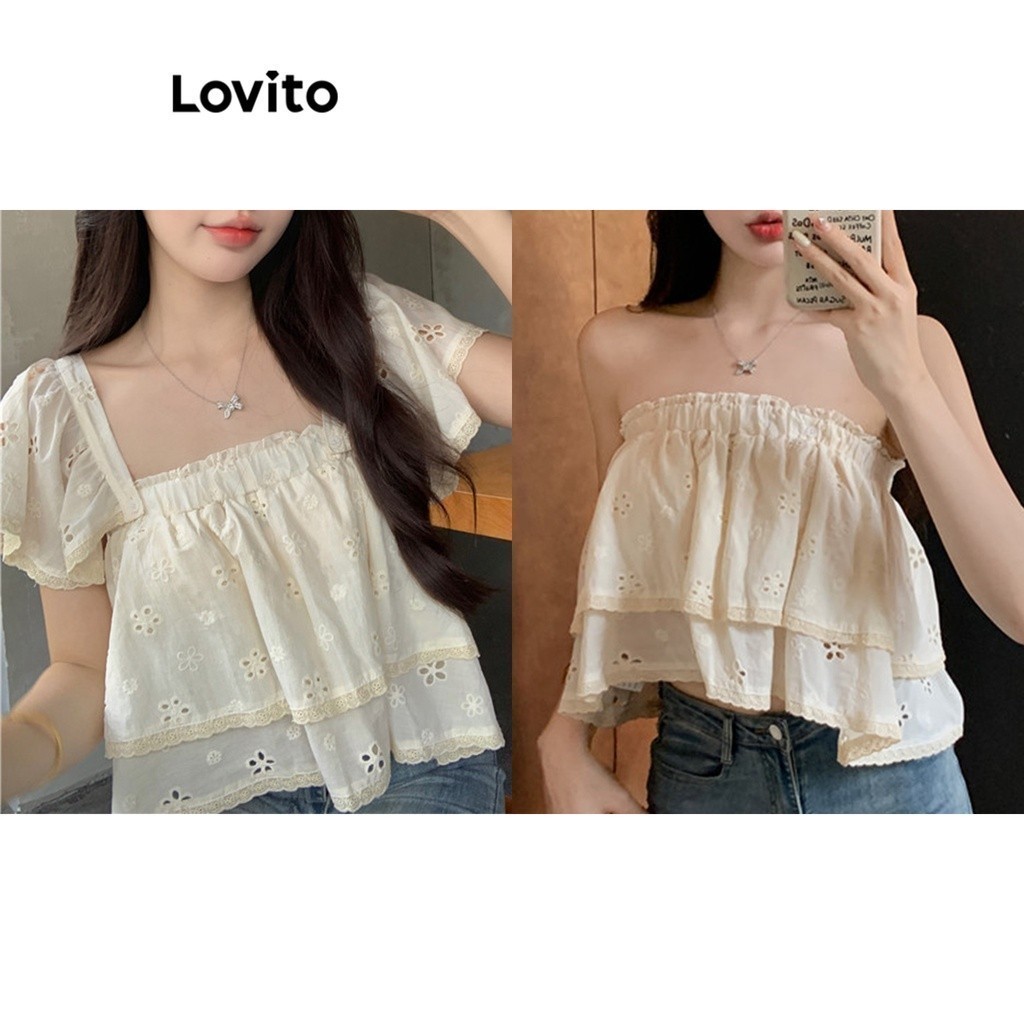Lovito เสื้อเบลาส์ผู้หญิง แต่งลูกไม้ สีพื้น สไตล์ลำลอง LNE43182