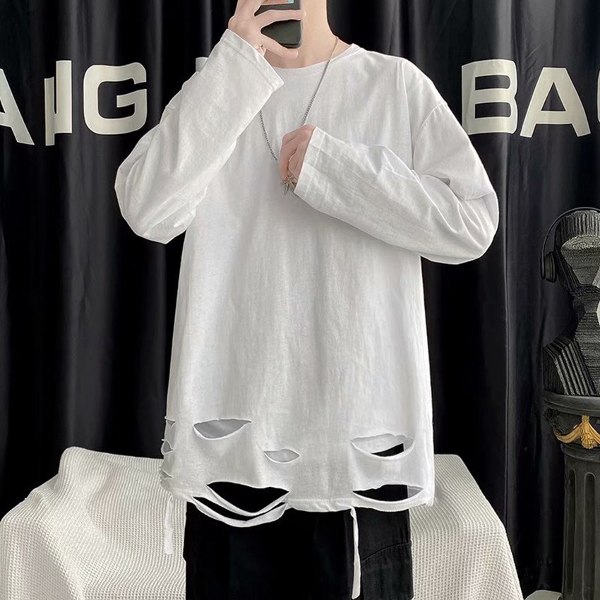 TFY-เสื้อยืดคอกลม แขนยาว สีพื้น ตกแต่งรอยขาด สไตล์เกาหลี รุ่น FZ-TQYP