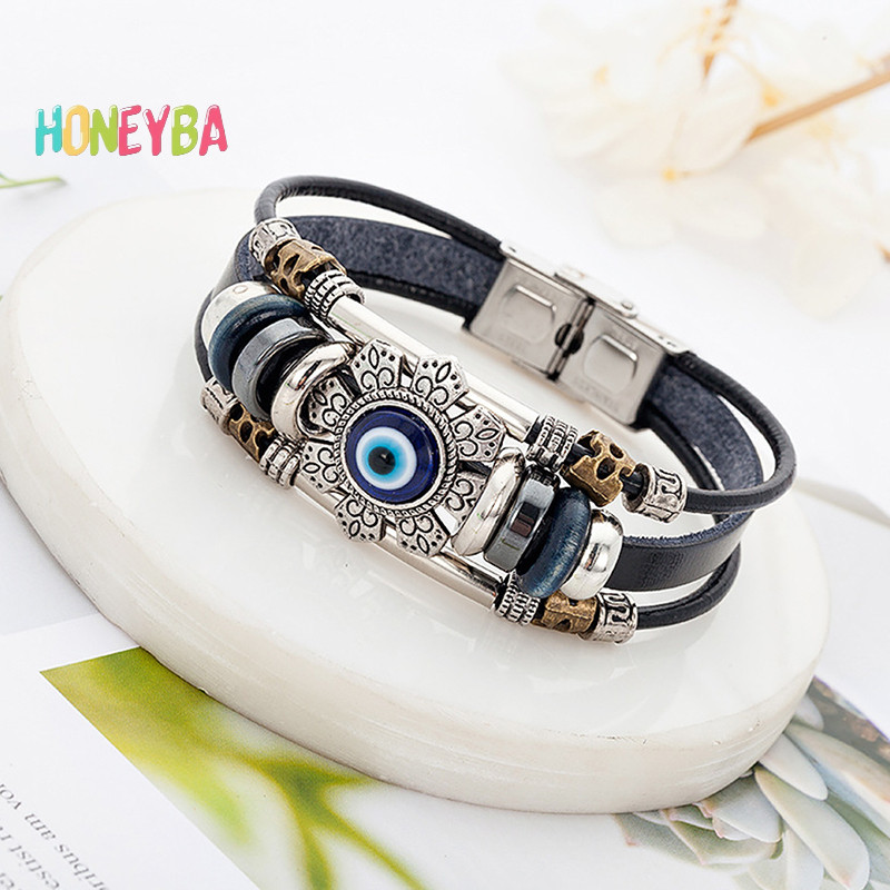 <Honeyba > Lucky Eye Turkish Evil Eye Bracelets Punk Multilayer Leather Handmade Bracelet Nice