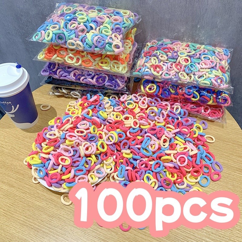 (100ชิ้น/ถุง) เด็กวงกลมนิ้วหัวแม่มือผูกผมยางรัดขนาดเล็กผ้าขนหนูวงกลมไม่เจ็บผมยืดหยุ่นสูงผมสายไม่มีรอยต่อ กรีด