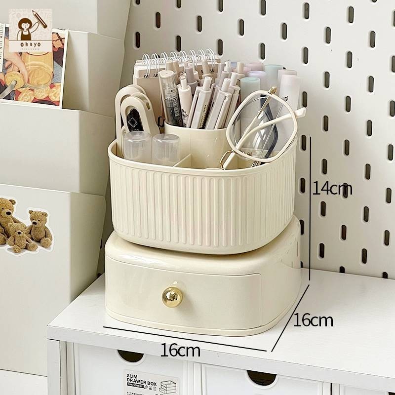 Ohayo กล่องเก็บเครื่องเขียน กล่องใส่ปากกาตั้งโต๊ะ หมุนได้ 360° มีลิ้นชัก ความจุขนาดใหญ่