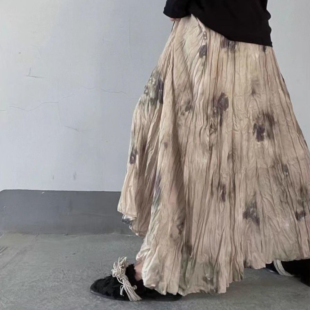 2024 สไตล์ใหม่ที่สวยงาม Tie-Dye ภาพวาดสีน้ํามันจีบกระโปรง Simple All-Match a-Line กระโปรงฤดูใบไม้ผลิฤดูร้อน Retro Zen สไตล์ Slimmer ดูยาว