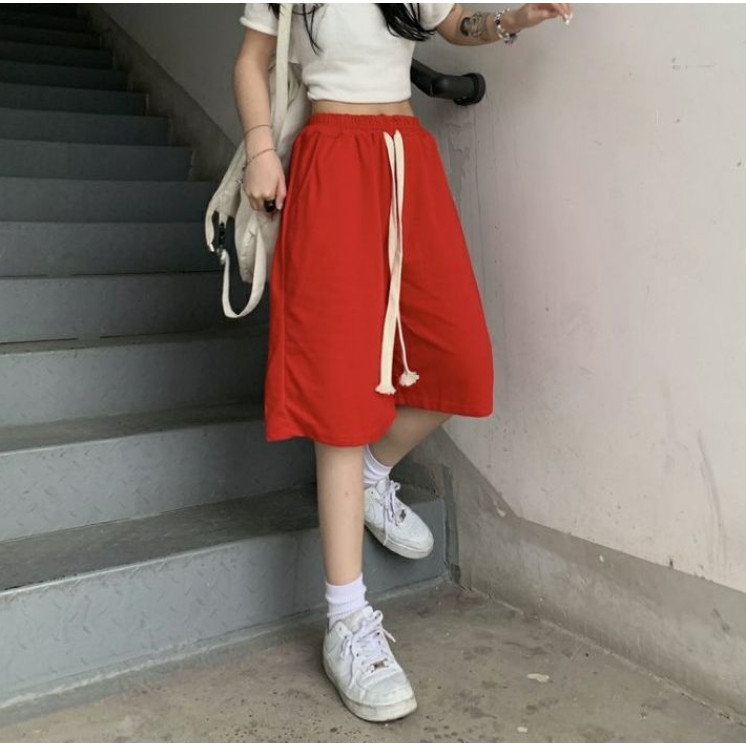 Kii Wii ฤดูร ้ อนใหม ่ สีทึบ Retro Drawstring เอวสูงหลวมกางเกงขาสั ้ นลําลองผู ้ หญิง 240601