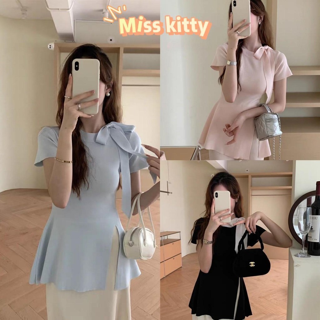 Miss Kitty พร้อมส่ง ท่านหญิง เสื้อยืดไหมพรม คอกลม แขนสั้น ดีเทลปลายปล่อย โบว์ผูก *18CX79*