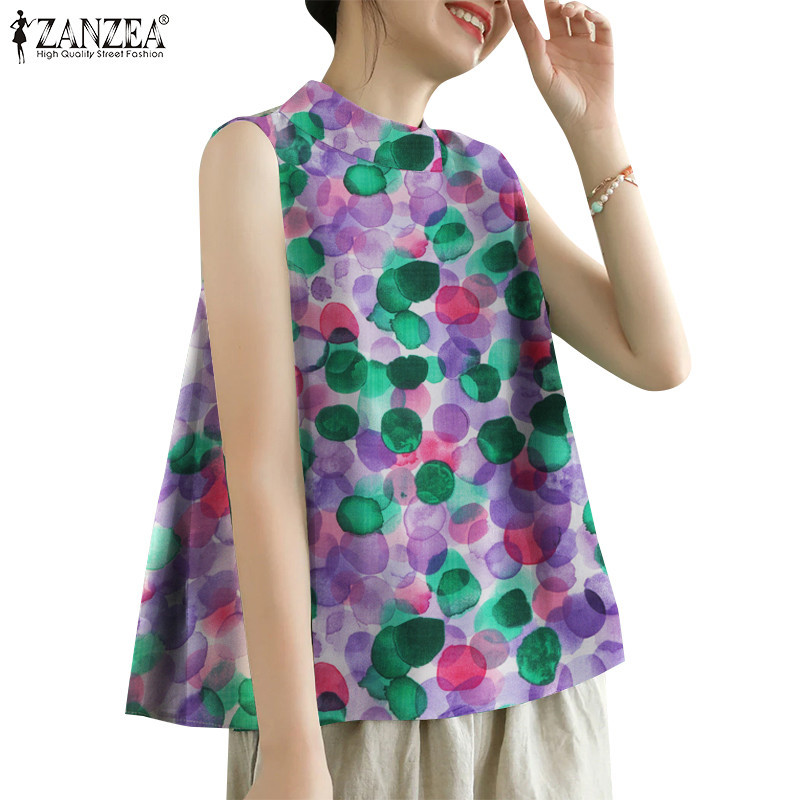 Zanzea ผู ้ หญิงเกาหลีปกปกแขนกุด A-Hem สีสัน Polka Dots ปุ ่ มถัง