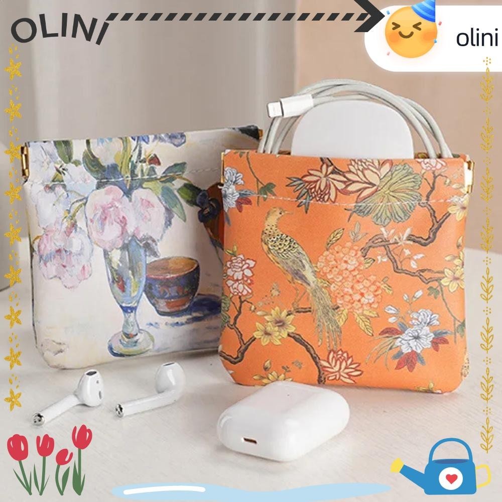 กระเป๋าเครื่องสำอางกระเป๋าใส่เหรียญพิมพ์ลายดอกไม้และนกกันน้ำกระเป๋าเก็บสายเคเบิลข้อมูล PU แบบปิดเองแบบพกพา [Olini]