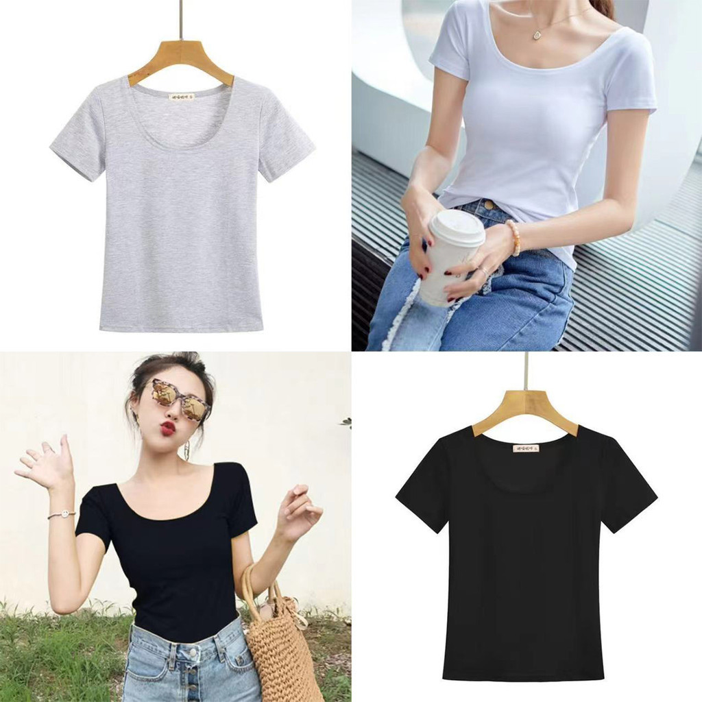 เสื้อยืดเข้ารูป คอกว้าง สีพื้น พร้อมส่ง