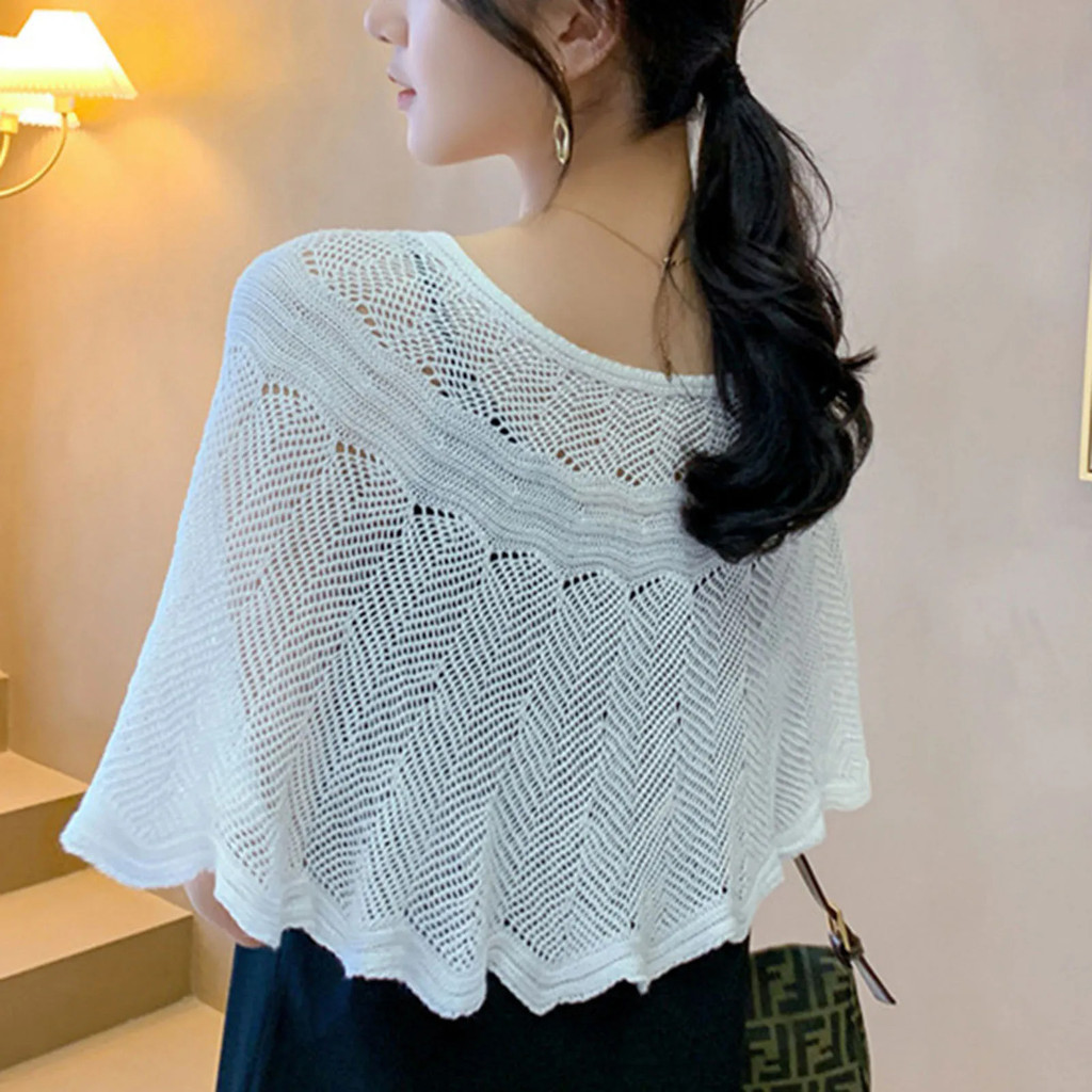 Hollow Out ถักผ ้ าคลุมไหล ่ ผ ้ าพันคอสีทึบบางห ่ อ Elegant Cape Ruffles Windproof คาร ์ ดิแกนหลวมสบายๆผ ้ าคลุมไหล ่ - รูปที่ 5