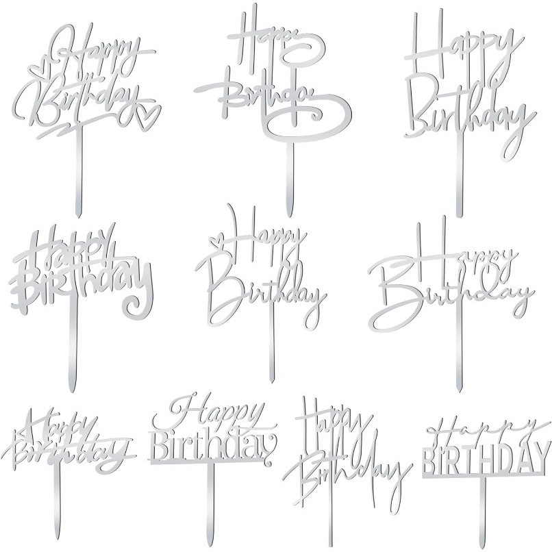10pcs/set Silver Happy Birthday อะคริลิคเค ้ กวันเกิดตกแต ่ ง Toppers