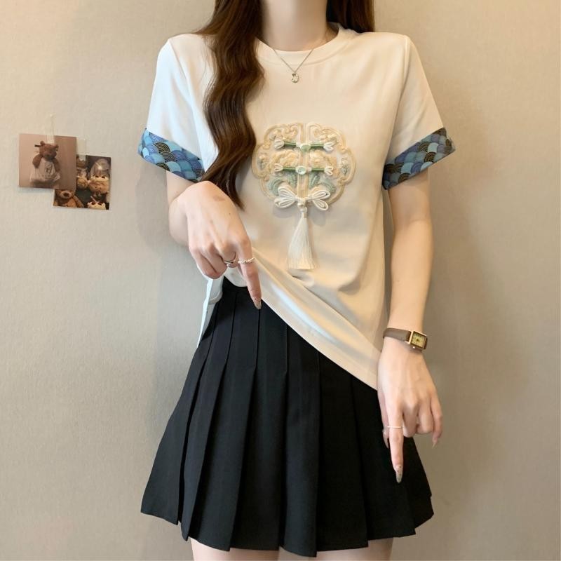 Begonia Boutique เสื้อผ้าผู้หญิงสไตล์จีนปุ่มปักแขนสั้นเสื้อยืดผู้หญิงฤดูร้อน Plus ขนาดไขมัน mm Slimmer ดูที่ไม่ซ้ํากัน Niche