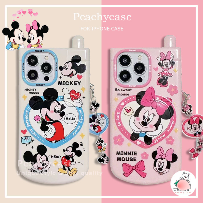 น ่ ารัก Mickey Minnie พลิกเมาส์ แต ่ งหน ้ าผู ้ ถือกระจกขาตั ้ งโทรศัพท ์ สําหรับiPhone 15 14 13 12 Pro Max 11 โทรศัพท ์ มือถือTPUกันกระแทกปกหลังปลอก