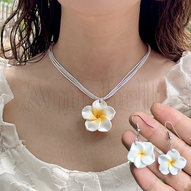 ชุดต่างหูสร้อยคอลีลาวดี-เครื่องประดับแฟชั่น-โซ่กระดูกไหปลาร้าหลากสี-สไตล์ฮาวายเครื่องปั้นดินเผานุ่มน่ารัก-ดอกไม้หวานจี้เครื่องประดับ-ผู้หญิงแฮนด์เมดหูแหวน