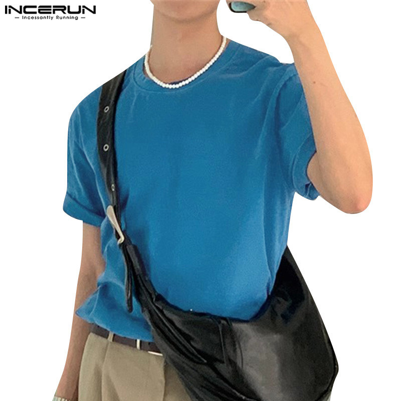Incerun เสื ้ อยืดหลวมแขนสั ้ นคอกลมสีทึบเกาหลีลําลอง