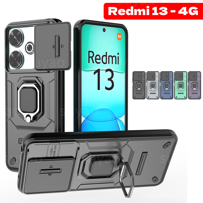 สําหรับredmi 13 4G Xiaomi POCO M6 Pro 2024 เคสโทรศัพท์เกราะแหวนรถผู้ถือขาตั้งกันชนRedmi13 PocoM6 Soft Hard PC Bracket Pushกล้องเลนส์ป้องกันปลอกกันกระแทกปกหลัง