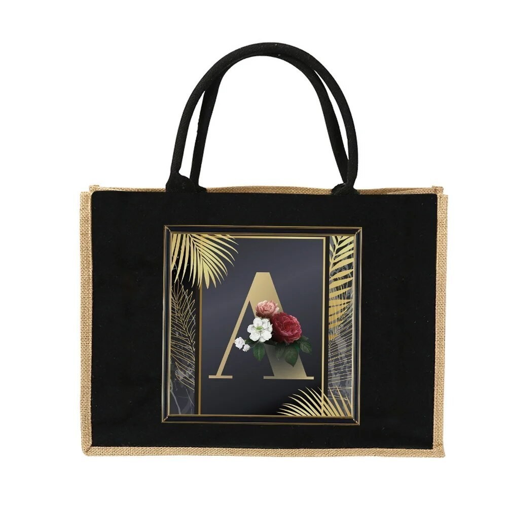 กระเป๋าถือสตรีกระเป๋าถือผ้าลินินกระเป๋าสะพาย Eco Gold Letter Series พิมพ์ถุงช้อปปิ้งขนาดใหญ่