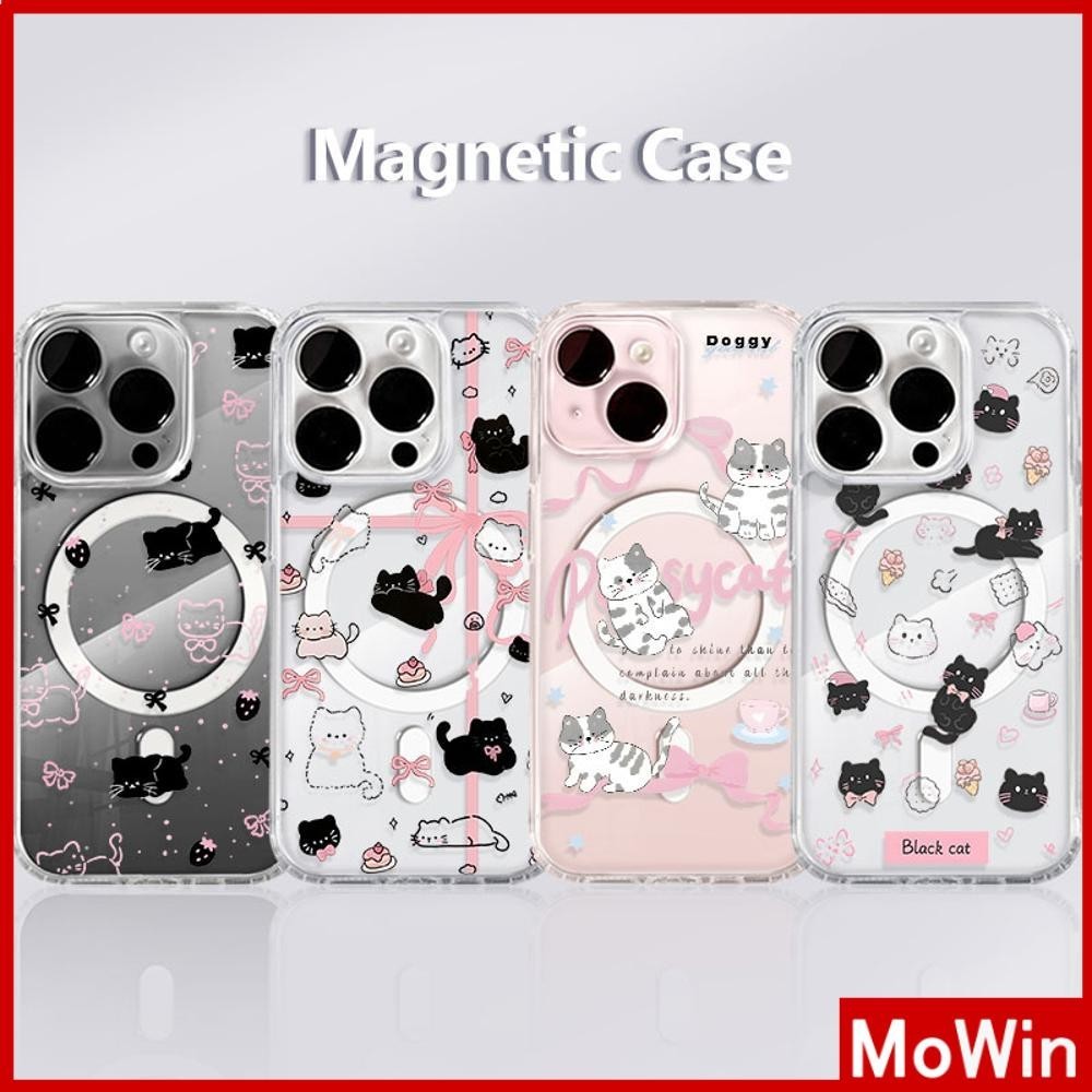 Mowin - สำหรับ iPhone 15 PRO MAX เคส iPhone 11 เสริมสร้างแม่เหล็กอะคริลิคใสกระดานแข็ง TPU กรอบนุ่มกันกระแทก โบว์แมวดำ iPhone 14 13 Pro max 12 Pro Max 11 XR XS 7 8Plus max XS XR