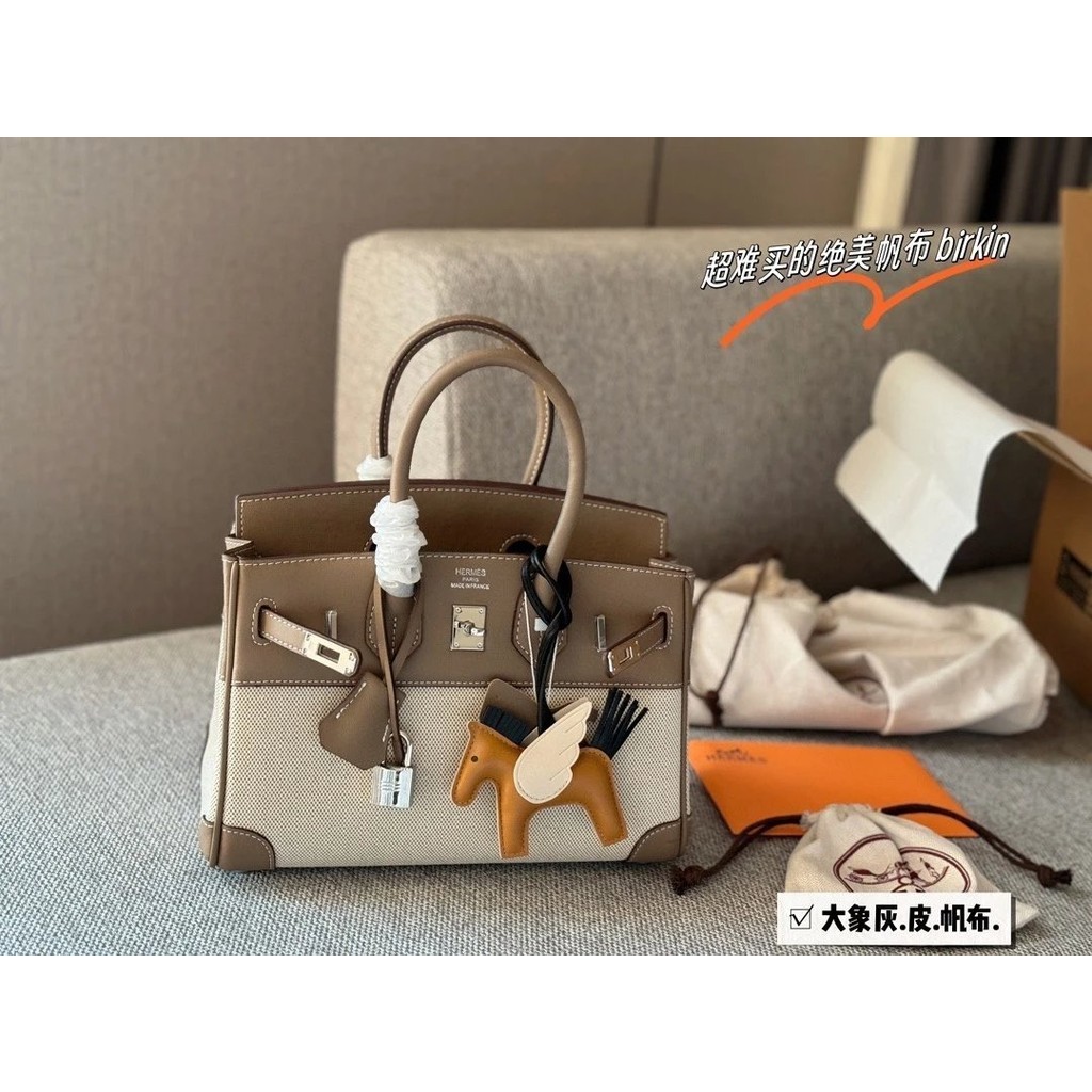 [หนังแท้คุณภาพสูง] H Home Birkin25 Canvas Leather Platinum Bag Handbag Fashion Tote Bag High-End Color Matching Female Bag R4NJ