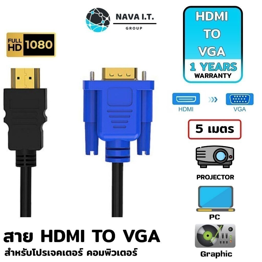 มีส่งด่วน (776) NAVA IT สาย HDMI TO VGA 5 เมตร 1080P สำหรับโปรเจคเตอร์ คอมพิวเตอร์ จอแสดงผล ประกัน 1ปี